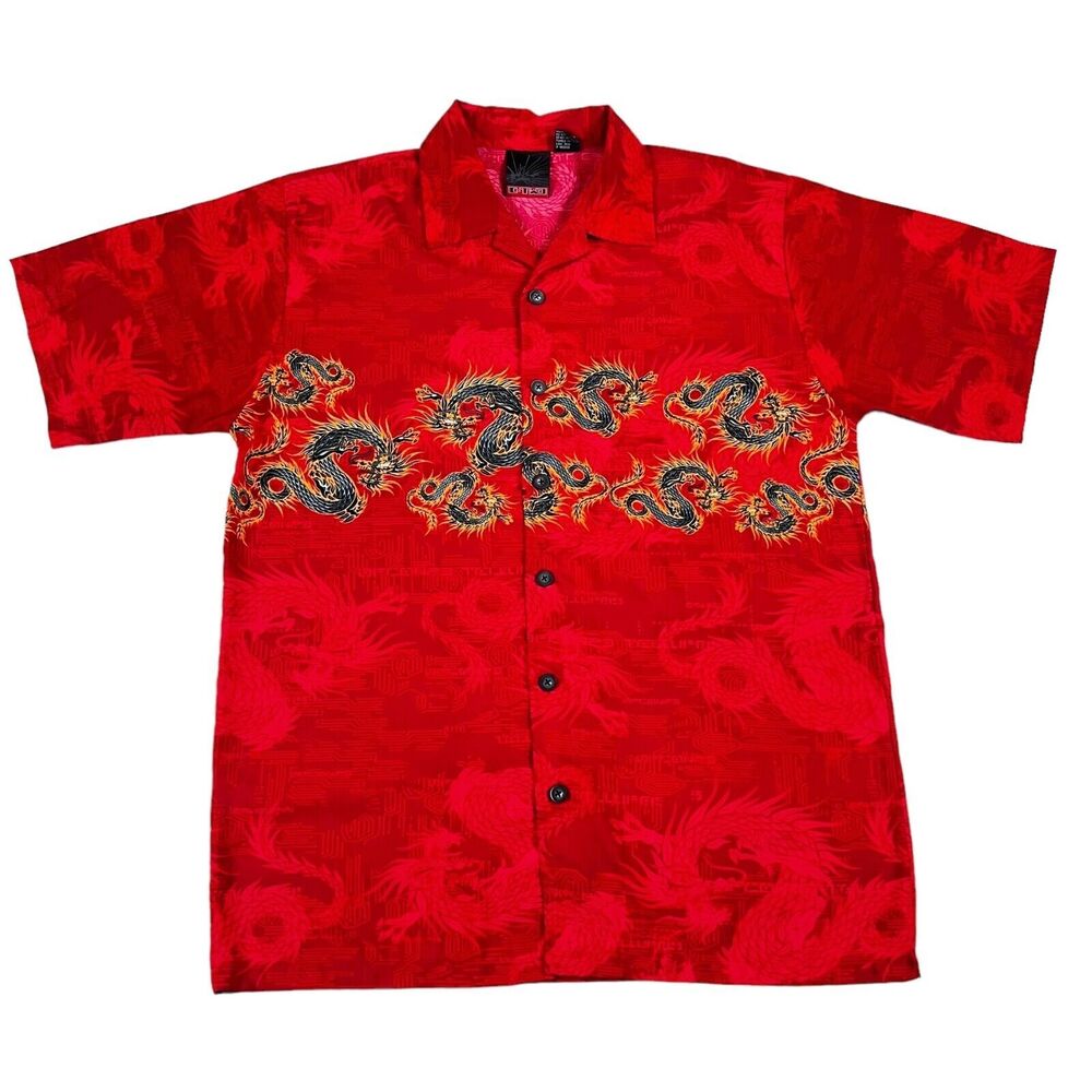 Vtg C-Two 90’s Y2K Dragon Talons Button Down Shirt S/S Jnco Style Sz L Red Black